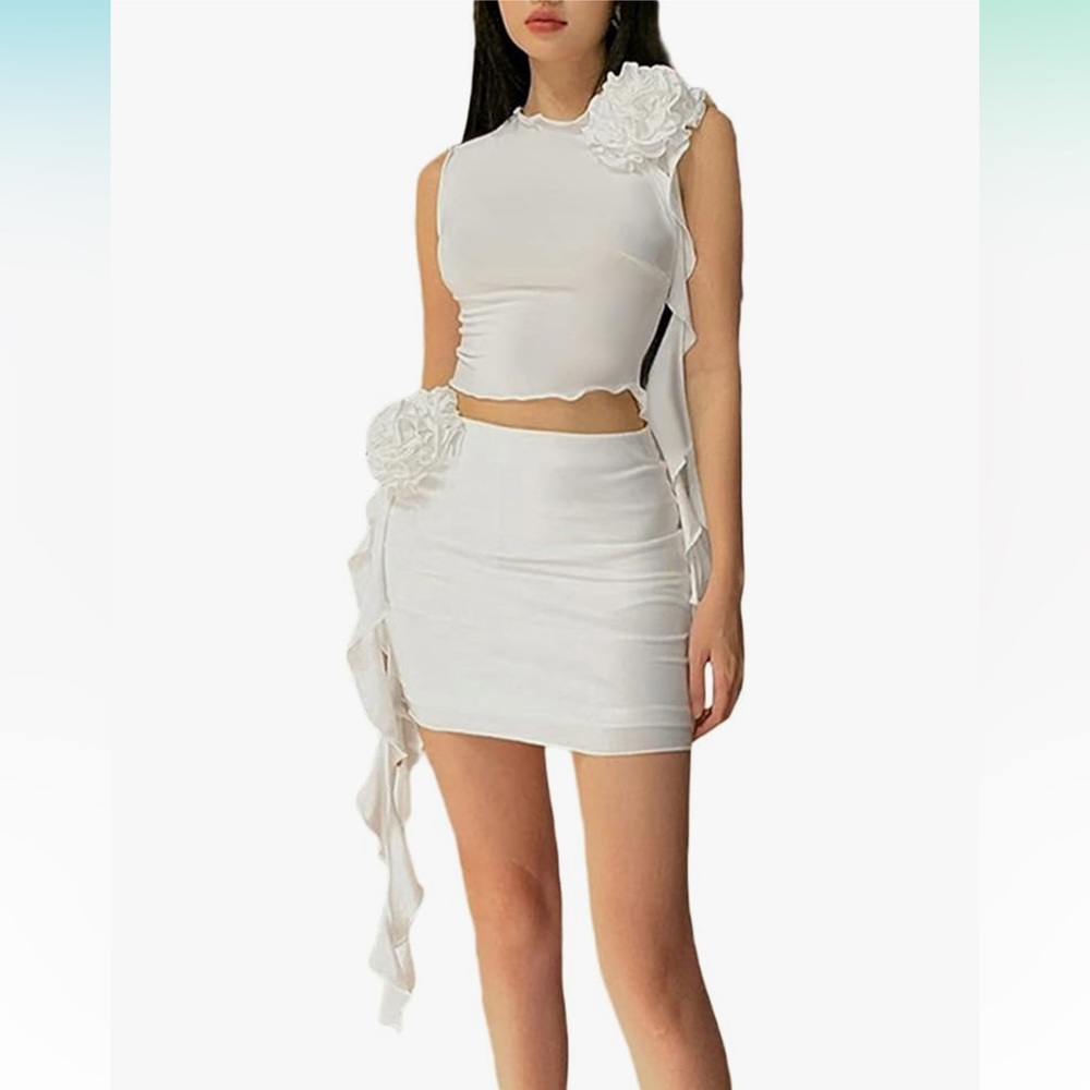 Two piece Women Short Sleeve Crop Tank Top Ruched Short Skirt with Flowers